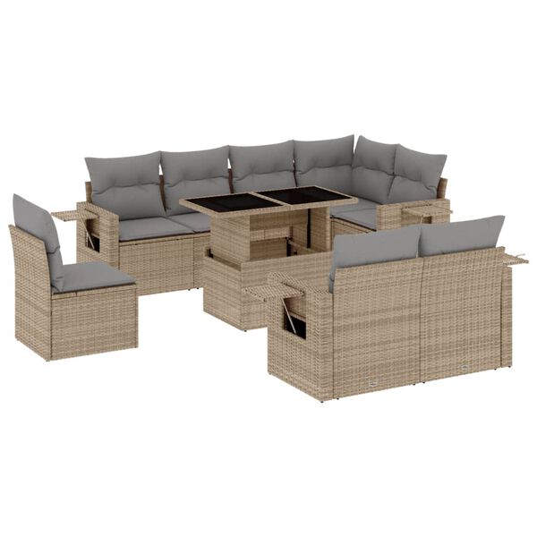 vidaXL 9-delige Loungeset met kussens poly rattan beige