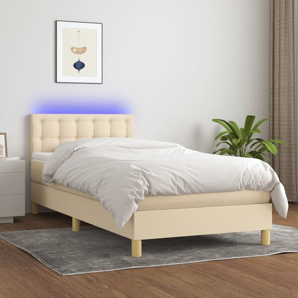 vidaXL Boxspring met matras en LED stof cr&egrave;mekleurig 90x190 cm