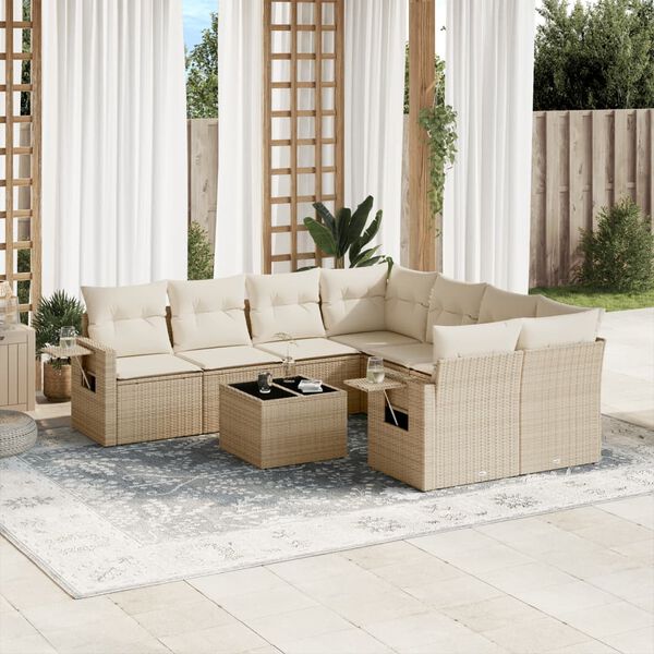 vidaXL 9-delige Loungeset met kussens poly rattan beige