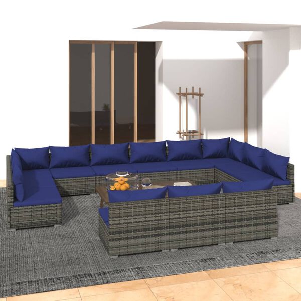 vidaXL 13-delige Loungeset met kussens poly rattan grijs