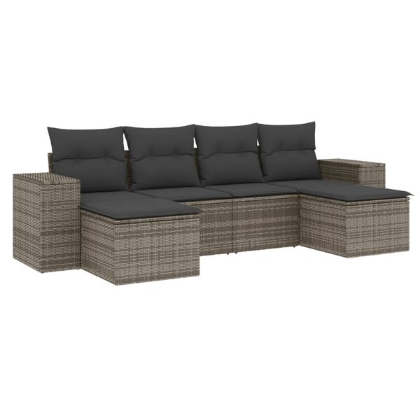 vidaXL 6-delige Loungeset met kussens poly rattan grijs