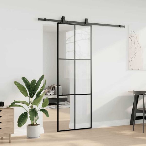 vidaXL Schuifdeur met beslagset 76x205 cm ESG glas zwart