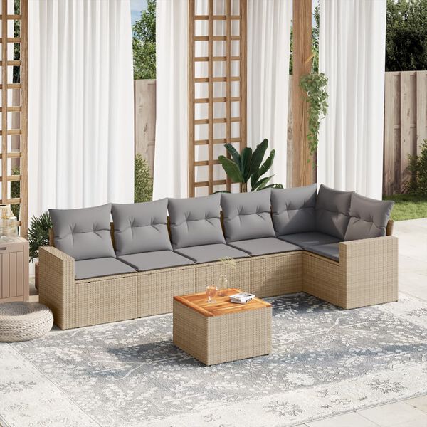 vidaXL 7-delige Loungeset met kussens poly rattan gemengd beige
