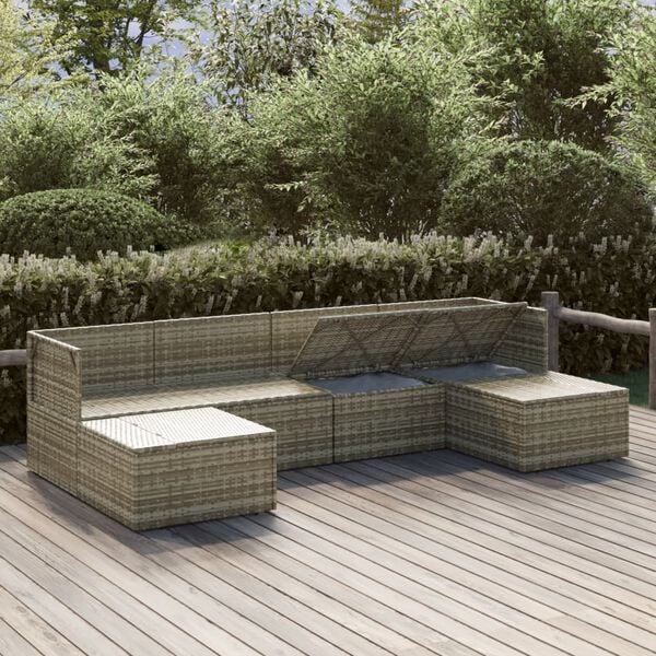 vidaXL 6-delige Loungeset met kussens poly rattan grijs