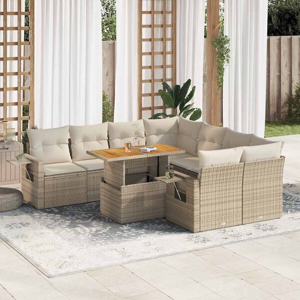 vidaXL 9-delige Loungeset met kussens poly rattan beige