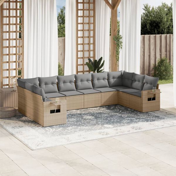 vidaXL 10-delige Loungeset met kussens poly rattan beige