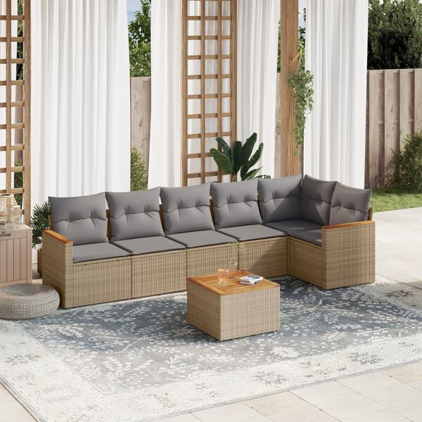 vidaXL 7-delige Loungeset met kussens poly rattan gemengd beige