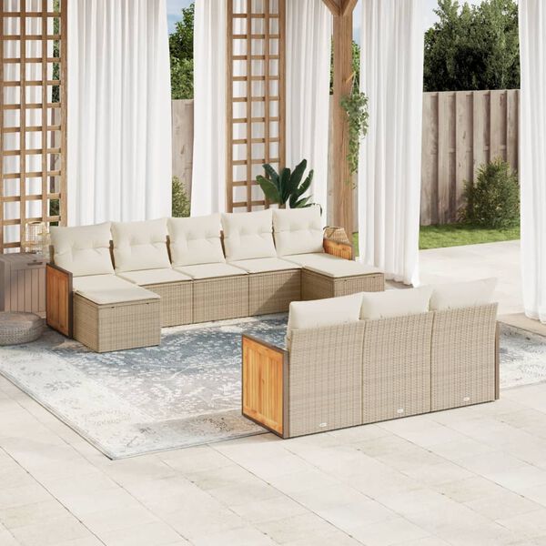 vidaXL 10-delige Loungeset met kussens poly rattan beige