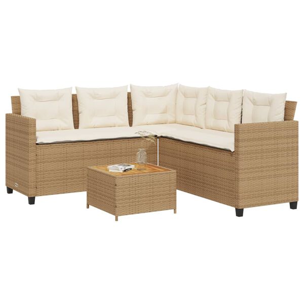 vidaXL Tuinbank met tafel en kussens L-vormig poly rattan beige
