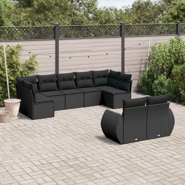 vidaXL 9-delige Loungeset met kussens poly rattan zwart