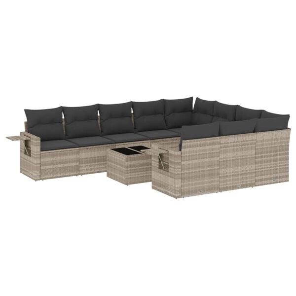 vidaXL 11-delige Loungeset met kussens poly rattan lichtgrijs