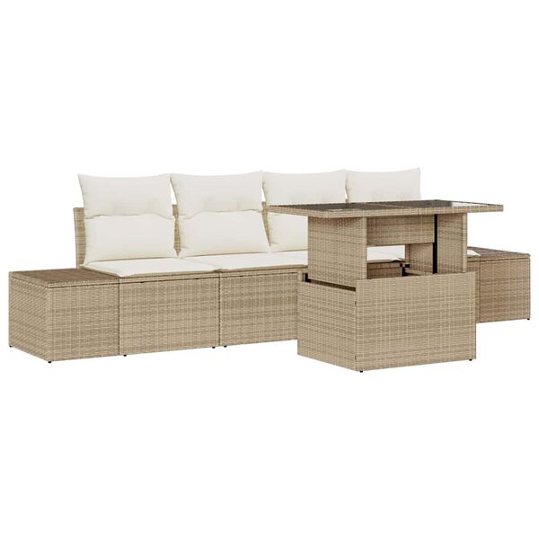 vidaXL Bankstel met kussen 5 pcs Beige en Cr&egrave;me poly rattan