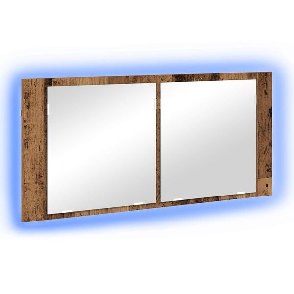 vidaXL LED Spiegelkast met plank Oudhout 100 x 12 x 45 cm Bewerkt hout