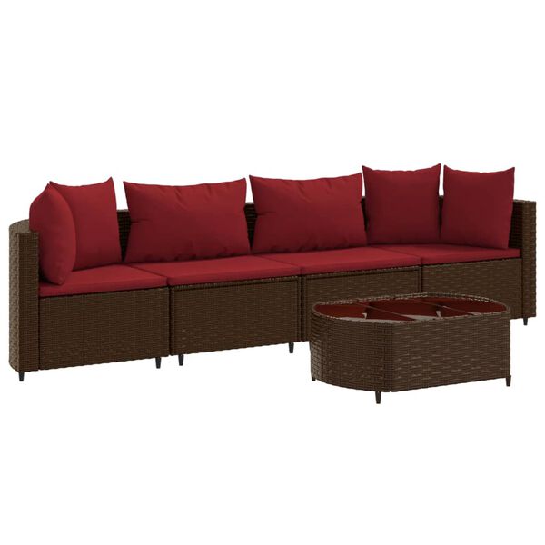 vidaXL 5-delige Loungeset met kussens poly rattan bruin