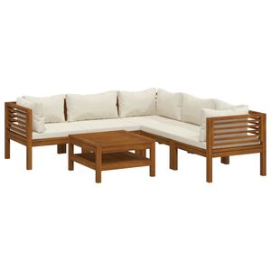 vidaXL 6-delige Loungeset met cr&egrave;mekleurige kussens massief acaciahout