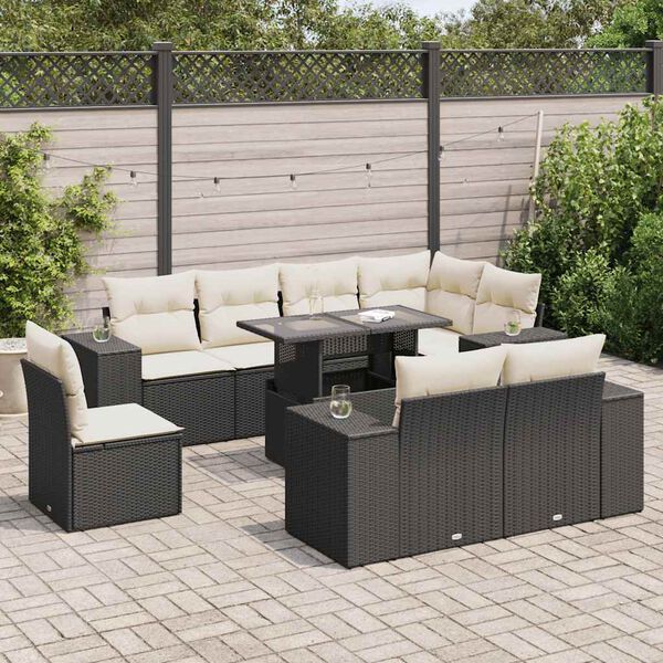vidaXL 9-delige Loungeset met kussens poly rattan zwart