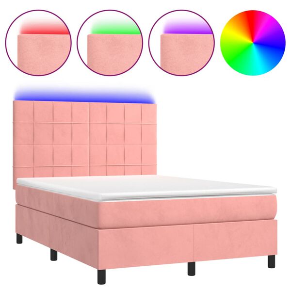 vidaXL Boxspring met matras en LED fluweel roze 140x190 cm