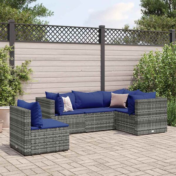 vidaXL 5-delige Loungeset met kussens poly rattan grijs