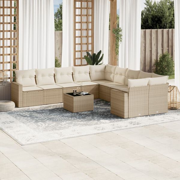 vidaXL 11-delige Tuinset met kussens poly rattan beige