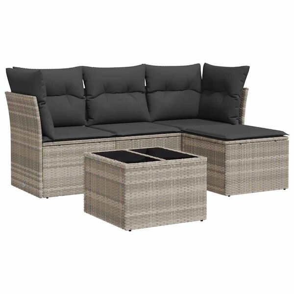 vidaXL 5-delige Loungeset met kussens poly rattan lichtgrijs