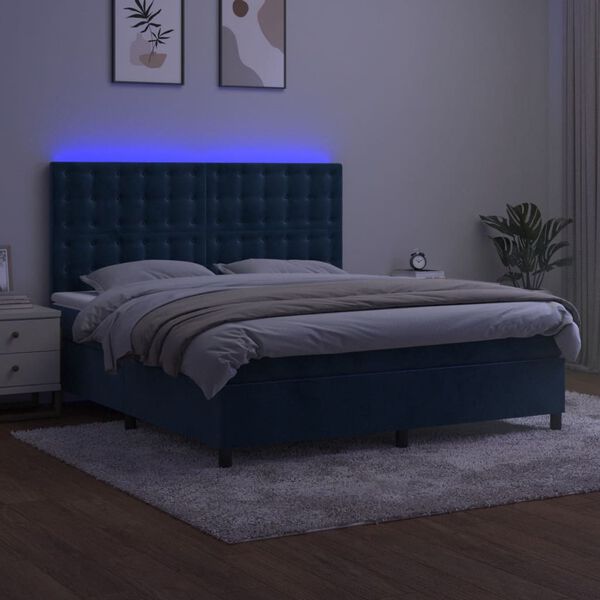 vidaXL Boxspring met matras en LED fluweel donkerblauw 160x200 cm
