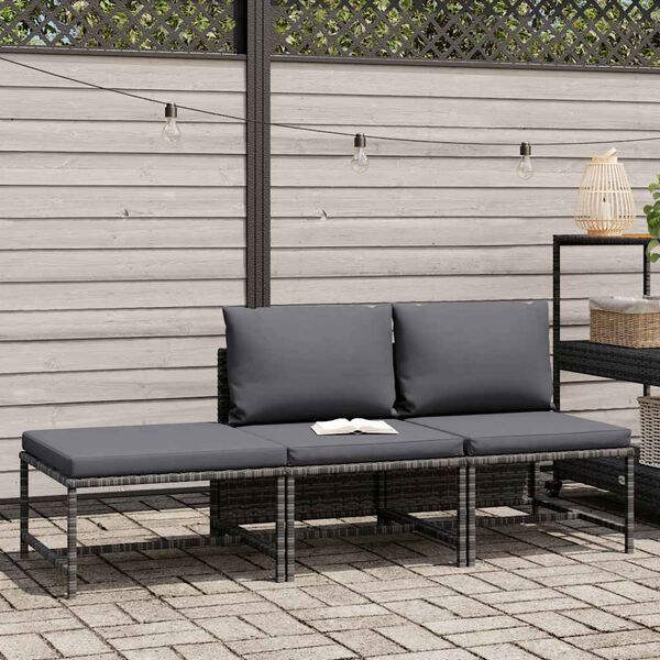 vidaXL 3-delige Loungeset met kussens poly rattan grijs