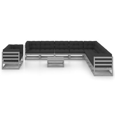 vidaXL 12-delige Loungeset met kussens massief grenenhout grijs