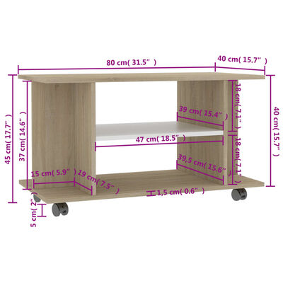 vidaXL Tv-meubel met wieltjes 80x40x45 cm bewerkt hout wit en sonoma