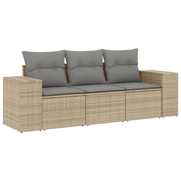 vidaXL 3-delige Loungeset met kussens poly rattan beige