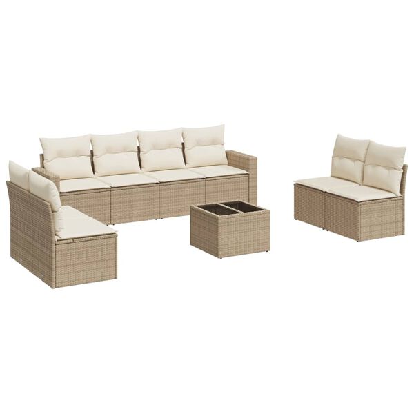 vidaXL 9-delige Loungeset met kussens poly rattan beige