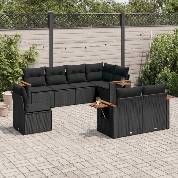 vidaXL 8-delige Loungeset met kussens poly rattan zwart
