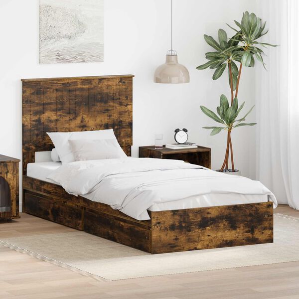 vidaXL Opslag bed met lade Gerookt eiken 90 x 200 cm Bewerkt hout