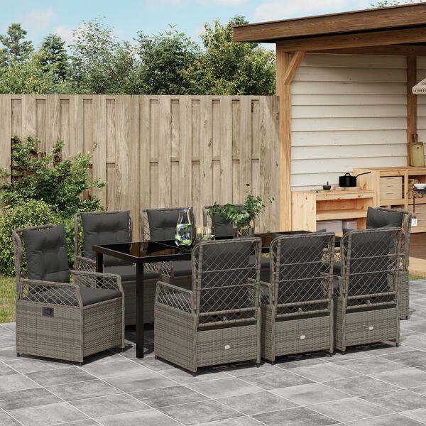 vidaXL Tuin eettafelset 9 pcs Grijs poly rattan