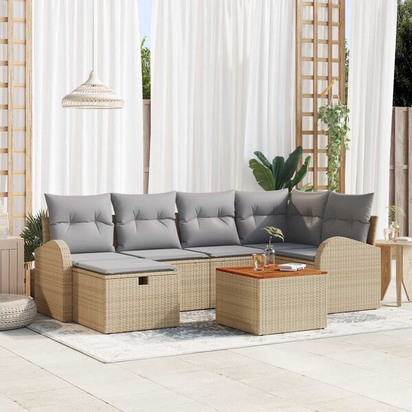 vidaXL Tuin Sofa Set met kussen met opslag 7 pcs Beige Poly riet
