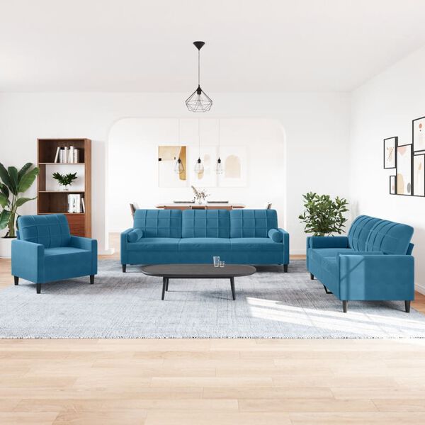 vidaXL 3-delige Loungeset met kussens en bolsters fluweel blauw