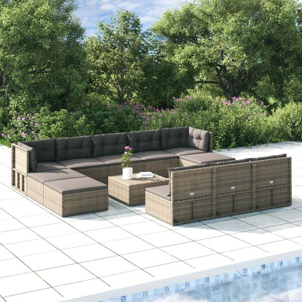 vidaXL 11-delige Loungeset met kussens poly rattan grijs