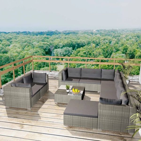 vidaXL 10-delige Loungeset met kussens poly rattan grijs