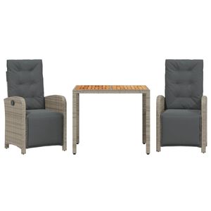 vidaXL 3-delige Bistroset met kussens poly rattan grijs