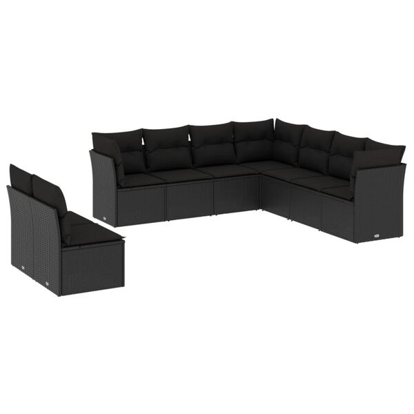 vidaXL 9-delige Loungeset met kussens poly rattan zwart