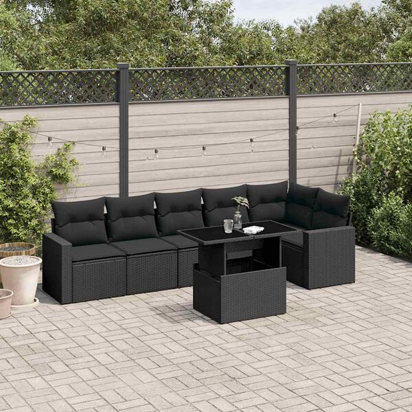 vidaXL 7-delige Loungeset met kussens poly rattan zwart