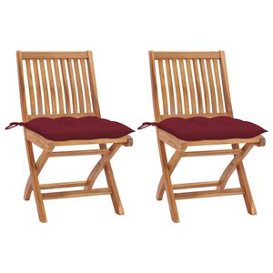 vidaXL Set van 2 klapstoelen met wijnrode kussens, gemaakt van massief teakhout.