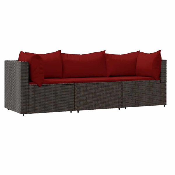 vidaXL 3-delige Loungeset met kussens poly rattan bruin