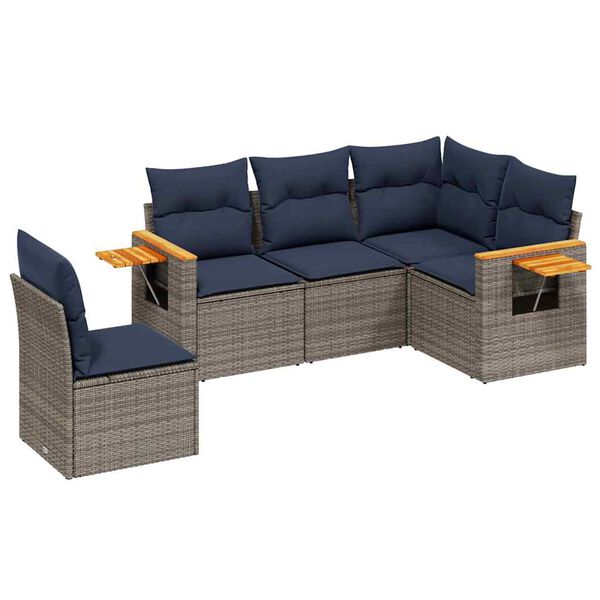 vidaXL 5-delige Loungeset met kussens poly rattan grijs