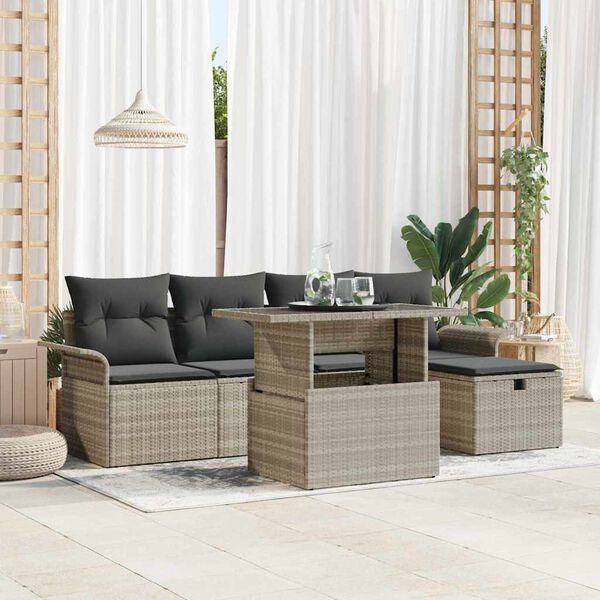 vidaXL Tuin Sofa Set met kussen met opslag 6 pcs Lichtgrijs Poly riet