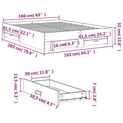 vidaXL Bedframe met lades bewerkt hout bruin eikenkleur 160x200 cm