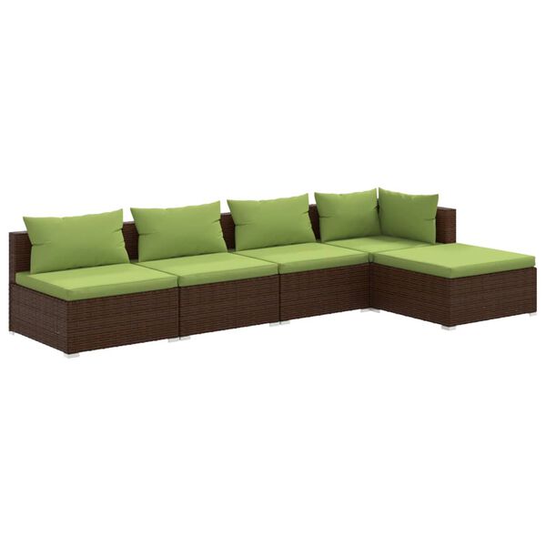 vidaXL 5-delige Loungeset met kussens poly rattan bruin