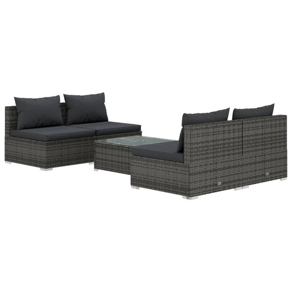 vidaXL 5-delige Loungeset met kussens poly rattan grijs