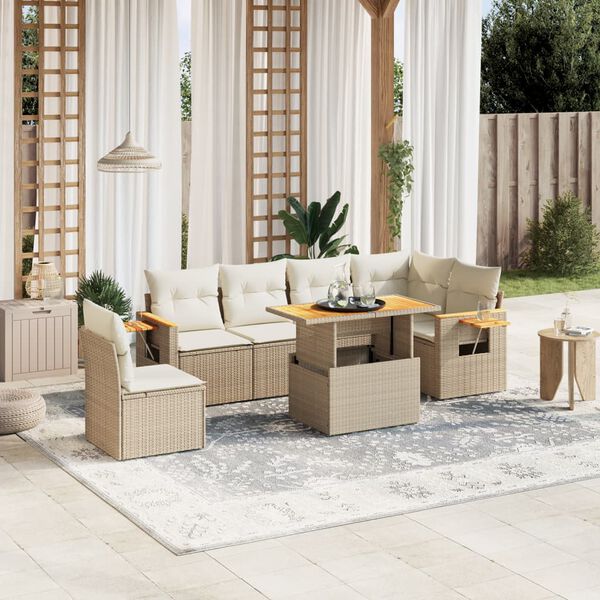 vidaXL 7-delige Loungeset met kussens poly rattan beige