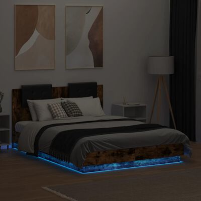 vidaXL Bedframe met hoofdbord en LED gerookt eikenkleur 140x190 cm
