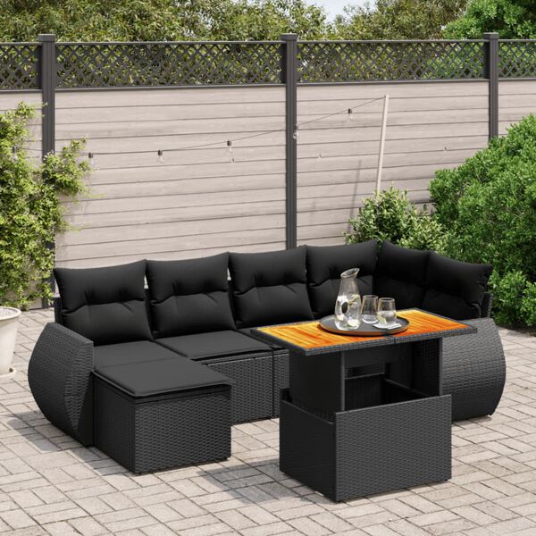 vidaXL 7-delige Loungeset met kussens poly rattan zwart